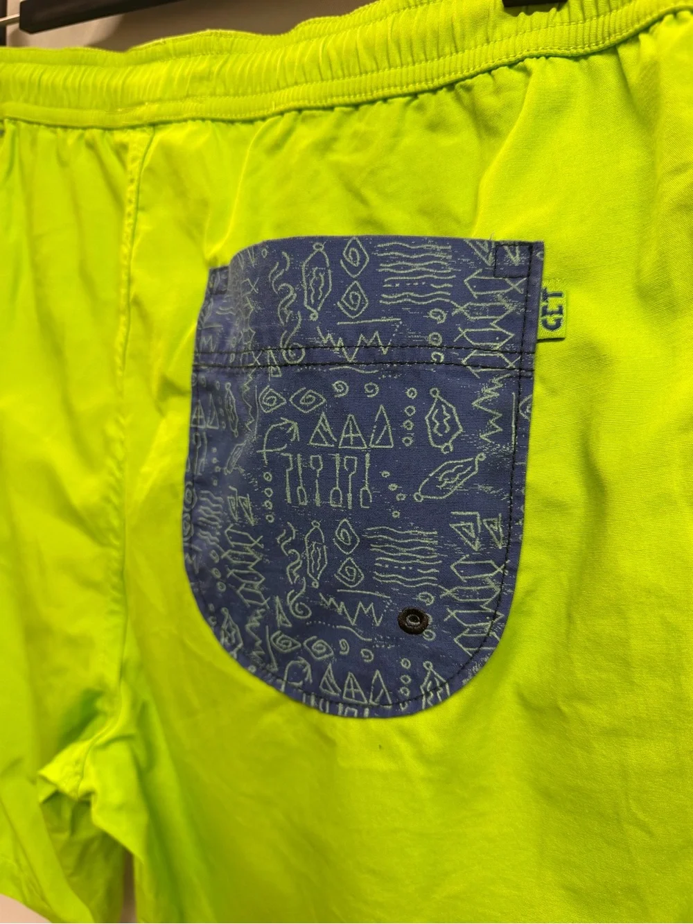Vintage 90s Men's Lime Green Swim Shorts Navy Graphic Stripe Cotton Medium